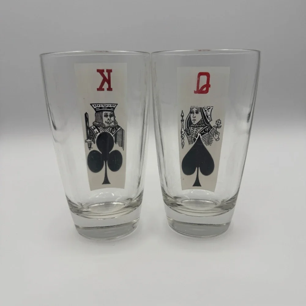 Vintage Playing Card Glasses Set of 2 King of Clubs Queen of Spades MCM